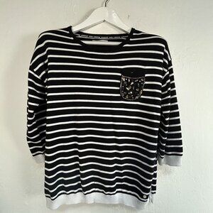 Brax Womens Black White Striped Sweater with Embellished Pocket Size 42 Pullover
